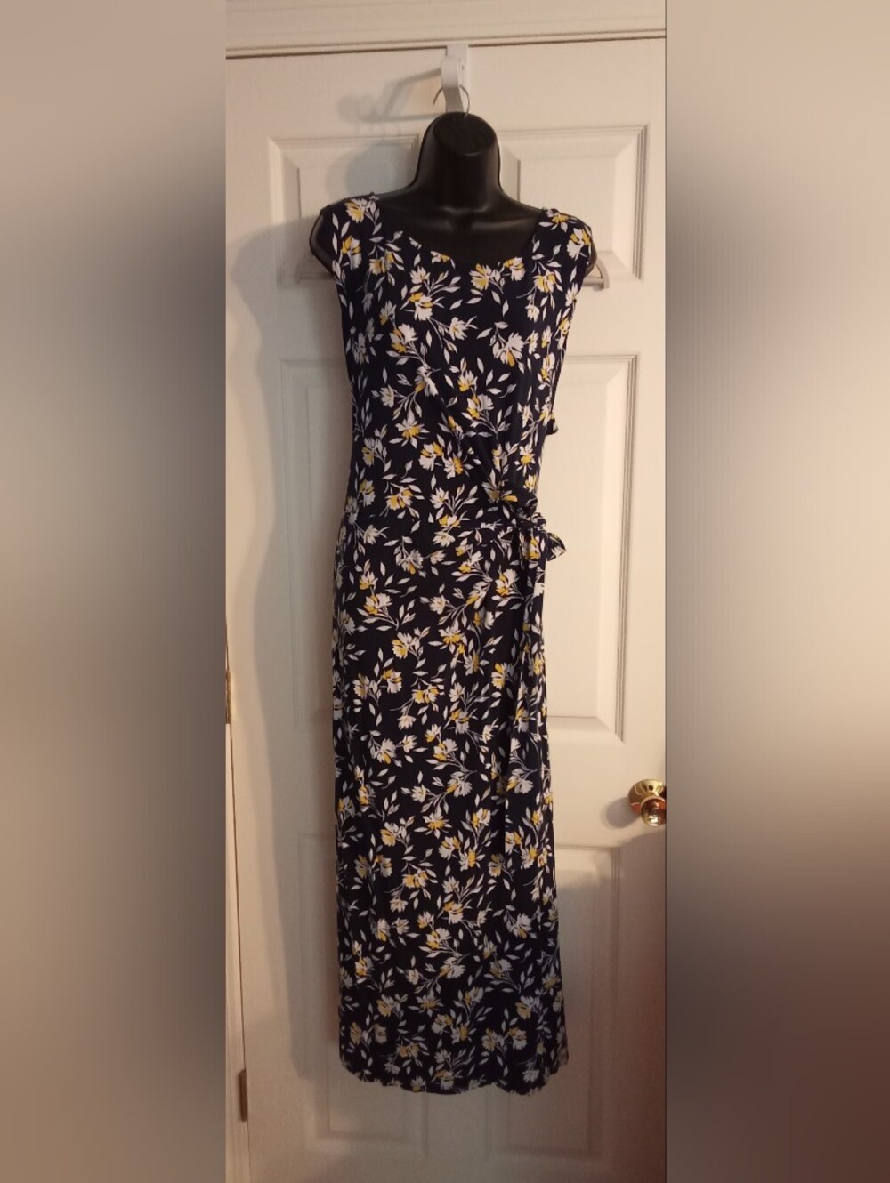 Land's End Women's Cotton Modal Sleeveless Tie Waist Maxi Dress in Navy Floral